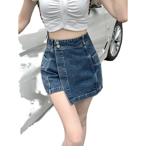 Mini-jupe asymétrique en jean taille haute unie en coton délavé pour femme, style décontracté d'été, coupe trapèze - Product Image 1