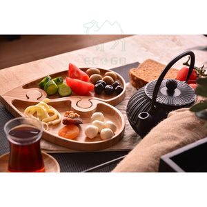 Plateau de service divisé en bambou Forme de coeur Design Salade de fromage Fruits Plats en bois - Product Image 3