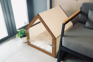 บ้านสัตว์เลี้ยงในร่มทันสมัยสำหรับสุนัขและแมว พร้อมประตูอะคริลิกและหลังคาผ้า บ้านสุนัขในร่ม คอกสัตว์เลี้ยง บ้านสัตว์เลี้ยงไม้ - Product Image 5