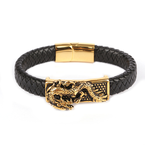 <span class=keywords><strong>Bracelet</strong></span> en cuir véritable avec dragon en <span class=keywords><strong>or</strong></span> 24 <span class=keywords><strong>carats</strong></span>, énergie renforcée, richesse, charme enveloppant, pour hommes - Product Image 1