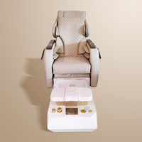 Fauteuil de pédicure de luxe beige réglable et matelassé avec bassin doré, inclinaison électrique, massage des pieds, lampe LED 7 couleurs, vibration/pétrissage