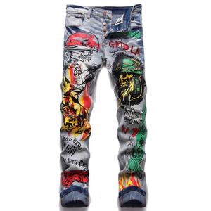 Pantalones de Mezclilla Ajustados de Alta Calidad, Diseño Personalizado de Fábrica, Impresión Digital, Estilo Desgastado, Diseño de Parches, Lavado a la Piedra, para Invierno - Product Image 1