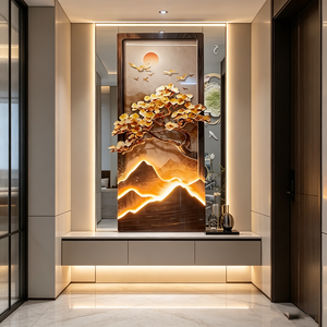 Wholesale Custom <b>Framed</b> LED Light Crystal Porcelain <b>Wall</b> Art Golden Ginkgo Tree Mountain Sunset Landscape Entryway Home Decor - Product Image 2