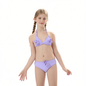 QJ10056 Set Bikini da Bambina con Top Halter e Dettaglio Floreale, Colori Assortiti, Taglie 2/4 4/6 8/10 12/14 - Product Image 2
