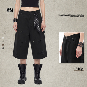 Cargo Capri Overalls for <strong>Men</strong> Vintage Washed Denim Ripped Distressed <strong>Three</strong> <strong>Quarter</strong> <strong>Pants</strong> Casual Streetwear Custom Wholesale - Product Image 3