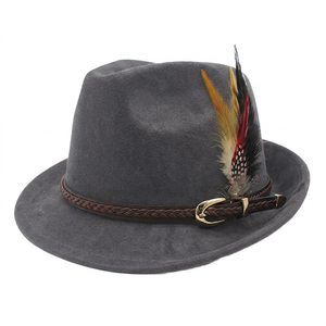 Linto Cap Premium Unisex Suede Fedora <b>Hat</b> | Classic Roll Short Brim Felt Jazz Cap with Belt <b>Feather</b> for Party & Casual Outdoor W - Product Image 5