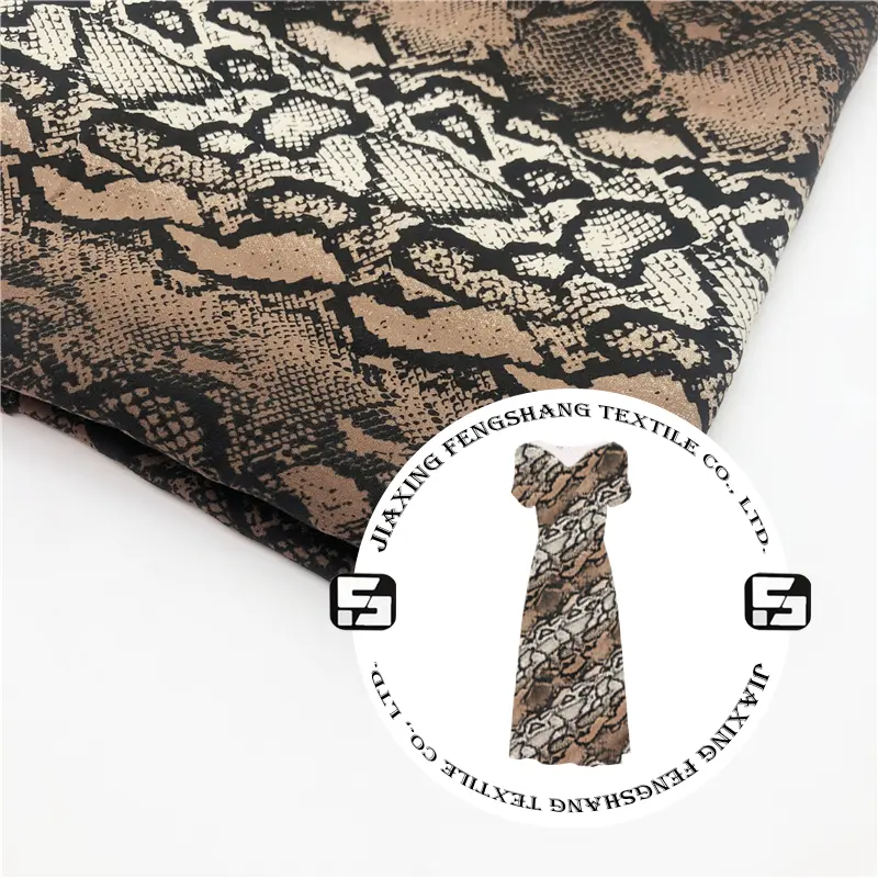 Sıcak satış fengshang tekstil 100% rayon yılan baskı kumaş kadın gri için kumaş üzerine dijital baskı elbiseler