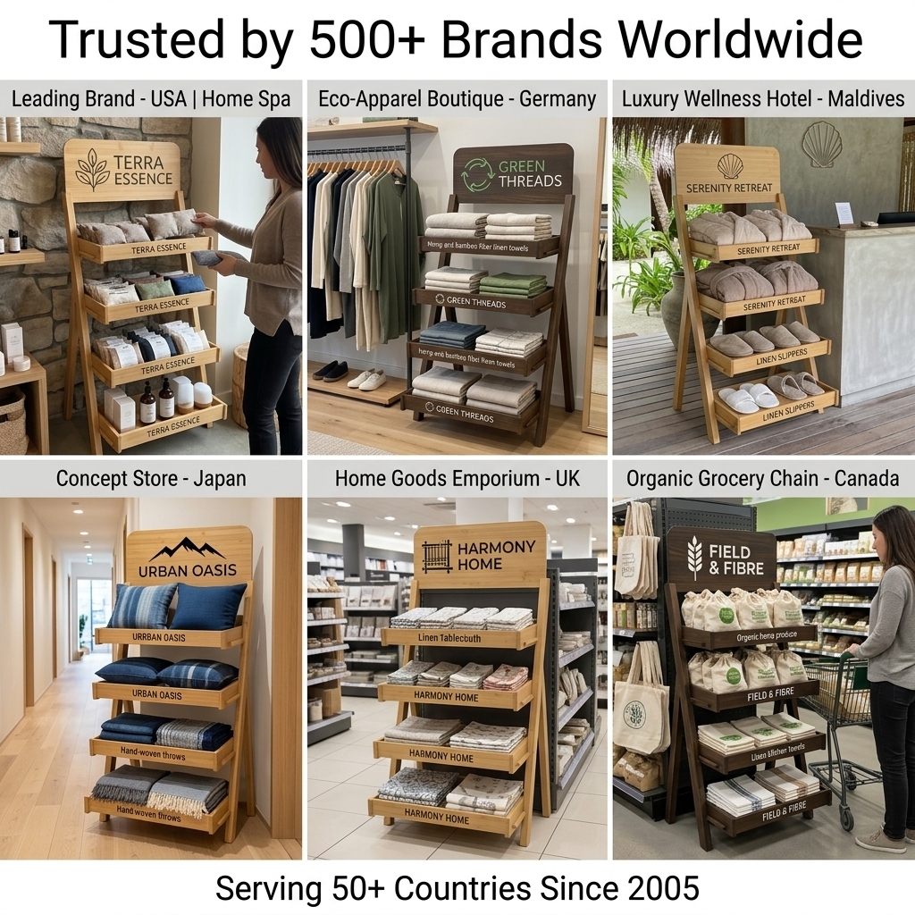 Custom Wooden Linen Pillow Display Rack Foldable A-Frame 4-Tier Wood Textile Stand Retail Wellness Spa Boutique Merchandiser OEM — view 6