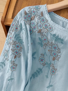 Chemisiers et Blouses Décontractés d'Été Brodés de Luxe à Col Rond et Motifs Floraux pour Femmes, Manches Trois-Quarts Respirantes - Product Image 3