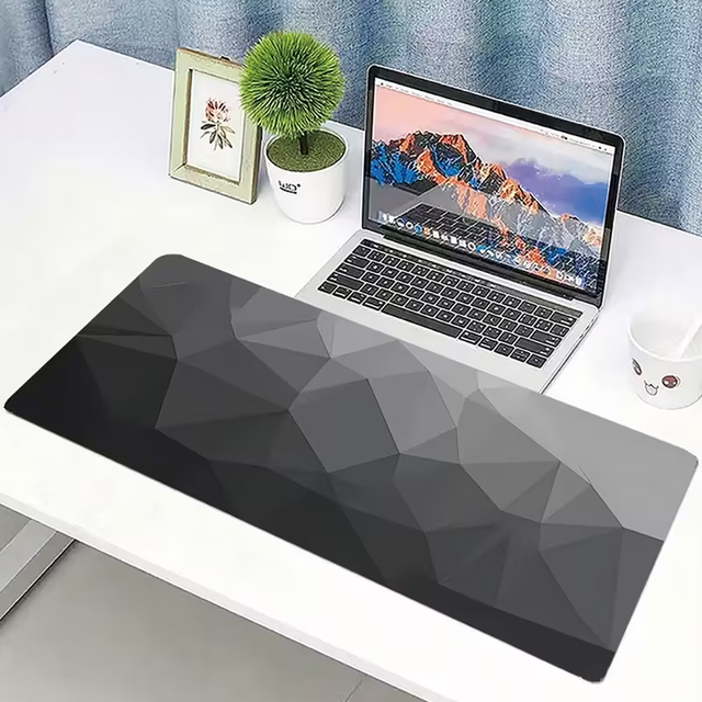 Geometric Black Gray Desk Mat - Minimalist Polygon Extended Gaming Mouse Pad 90x30cm