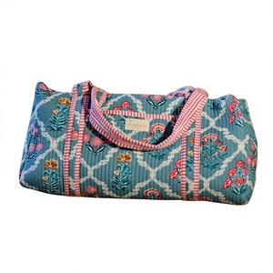 Floral Printed Corduroy Duffel Bag Large Capacity Weekender Travel Bag <b>Pink</b> Red Striped Handles Zipper Closure - Product Image 1