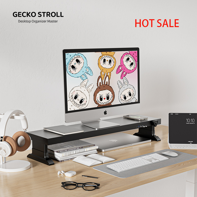 Computer Monitor Stand, Which Can Be Manually Adjusted in Height, Equipped with Wireless Charging, Fast Charging and USB Module