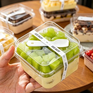 Square Transparent Plastic Food Container with spoon for Mousses Soybean Milk Cakes Western Pastries - Product Image 1