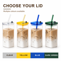 Gobelet carré en verre borosilicate de 350 ml (12 oz) avec couvercle et paille, réutilisable pour café glacé et thé au lait, vente en gros, logo personnalisé