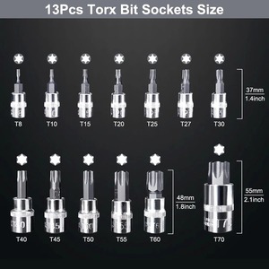 13pcs Perangkat Perkakas Rumah Tangga Baja Vanadium 1/4'' 3/8 dan 1/2'' Drive T8-T70 Set Soket Bit Torx - Product Image 2