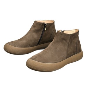 Ankle Bootie Genuine Leather <b>Round</b> <b>Toe</b> Chunky <b>Heel</b> Height Increasing Retro Style Rubber Outsole Solid Color - Product Image 5