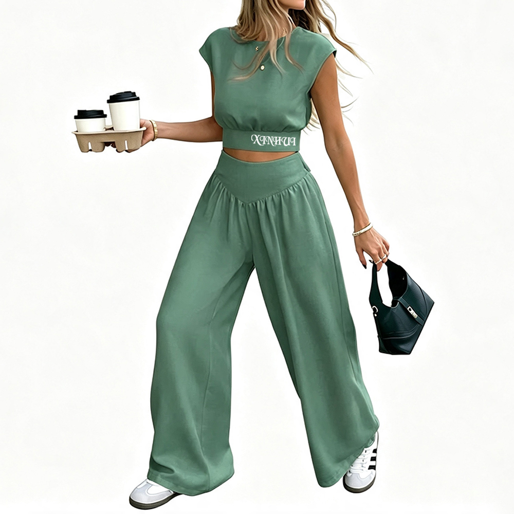 Custom Women Regular Fit Two Piece Outfit Cap Sleeve Crop Top Back Tie Cutout High Waist Wide Leg Pants Ladies Daily Casual Set · image 4
