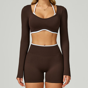 Tenue <span class=keywords><strong>de</strong></span> <span class=keywords><strong>fitness</strong></span> taille haute pour femmes ensemble <span class=keywords><strong>de</strong></span> yoga à blocs <span class=keywords><strong>de</strong></span> couleurs sans couture transfrontalier léger dos creux ensembles <span class=keywords><strong>de</strong></span> yoga respirants en plein air - Product Image 4