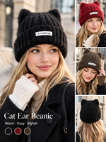 Bonnet tricoté 3D oreilles de chat pour femme, chapeau d'hiver côtelé mignon avec étiquette logo personnalisée, bonnet tricoté chaud à revers pour le streetwear quotidien