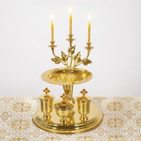 Set Altar Ortodoks Emas Perak HT, Tempat Relikui Dua Lapis dengan Candelabra 5 Lampu & 3 Wadah Permata Merah, untuk Ritual Gereja