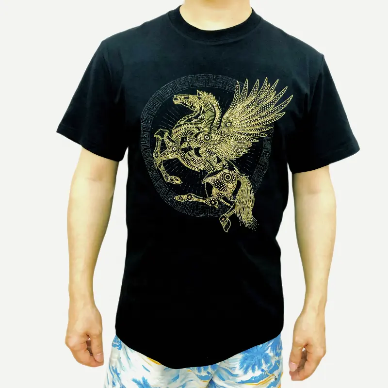 Plus Size Custom Men Short Sleeve T-shirt Golden Horse Rhinestone Print Knitted Graphic Pattern In Black