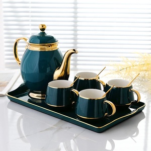 Best Luxury British Green Color Gilding Kitchen Accessories Porcelain Tea Cups <b>Set</b> With Tray - Product Image 5