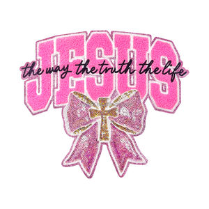 Grand Patch Brodé en Chenille Jésus avec Nœud Rose pour Vestes, Sacs à Dos, Thème Foi, Applique Thermocollante pour Cadeaux - Product Image 1