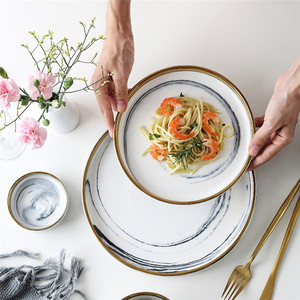 redondo logotipo casa decoración <span class=keywords><strong>juego</strong></span> de cena de borde de oro de mármol blanco de porcelana <span class=keywords><strong>platos</strong></span> de boda para restaurante - Product Image 1