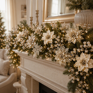 Set Ornamen Bunga Poinsettia Berkilau Dekorasi Pohon Natal Plastik Ranting Berry Liburan Hiasan Renda - Product Image 4