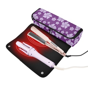 Étui portable pour fer à friser et lisseur, résistant à la chaleur, organiseur de rangement pour outils capillaires, motif fleur hawaïenne violette, sac de voyage pour outils capillaires - Product Image 2
