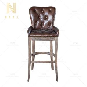 BC345 Vintage Leather Stool wood leather Bar Chair Modern For Dining Restaurant Sets Club Cafe Kitchen
