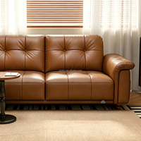 112185 Canapé en cuir véritable Quanu de style vintage du milieu du siècle, 3 places, base en bois massif, canapé en cuir véritable brun antique, meubles