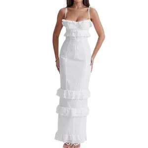 Custom Ladies Club Dress Sweetheart Neck Ruffled Tiered Embroidery Body-con Maxi Elegant Dress Women Dress