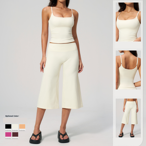 Ensembles d'entraînement pour femmes, deux pièces, haut court à bretelles spaghetti réglables, pantalon capri large assorti, tenues de sport, de gym, de pilates - Product Image 2