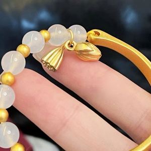 Bracelet jonc imitation jade perlé pour femme, bijou chinois, demi-bracelet jonc doré avec breloque lotus - Product Image 6