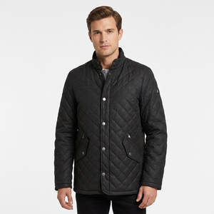 Mens Real Black Leather <b>Jacket</b> <b>Quilted</b> Diamond <b>Pattern</b> Coat Stand Collar Flap Pocket Custom Classic Winter Warm Outdoor Garments - Product Image 1