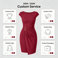 Robe moulante rouge bordeaux à manches courtes pour femme, col rond, boucle métallique, taille torsadée, ourlet asymétrique, robe crayon