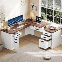 Bureau d'angle vintage blanc et noyer en forme de L avec tiroir à dossiers A4 et plateau relevable, bureau d'ordinateur d'angle robuste avec multiprise intégrée pour la maison.