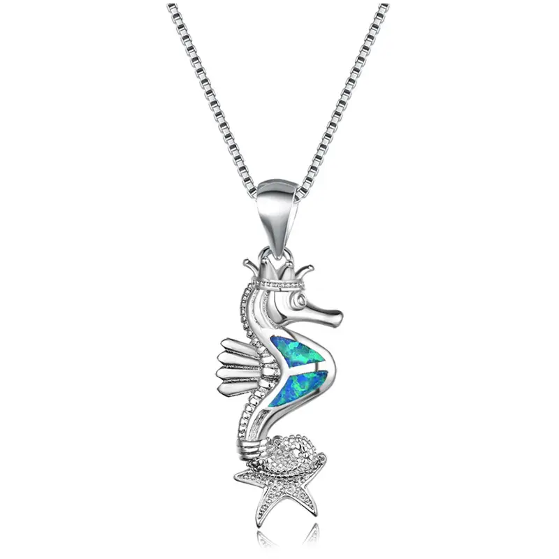 น่ารัก Seahorse Crown จี้สร้อยคอผู้หญิง 925 เงินสีขาวสีฟ้าสีม่วงโอปอลสร้อยคอสร้อยคอเครื่องประดับ