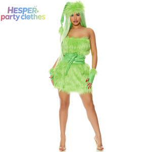 HESPER 2026 Nouvelle Mise à Jour Robe Courte en Fourrure de Monstre Vert pour Adulte avec Chapeau, Déguisement Sexy pour Femme pour Halloween et Noël - Product Image 1
