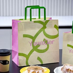 Sacs en papier kraft avec logo personnalisé pour boulangerie, café, plats à emporter, emballage écologique durable avec poignée - Product Image 1