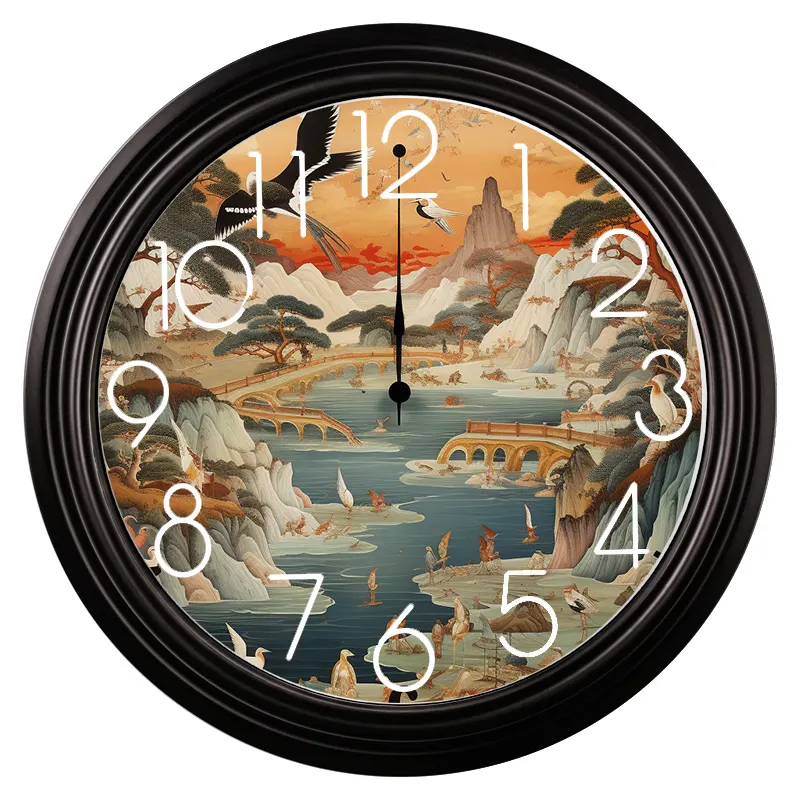 Jam kuarsa ruang tamu Amerika 16 inci Jam dinding bundar lukisan pemandangan kreatif mode kualitas tinggi