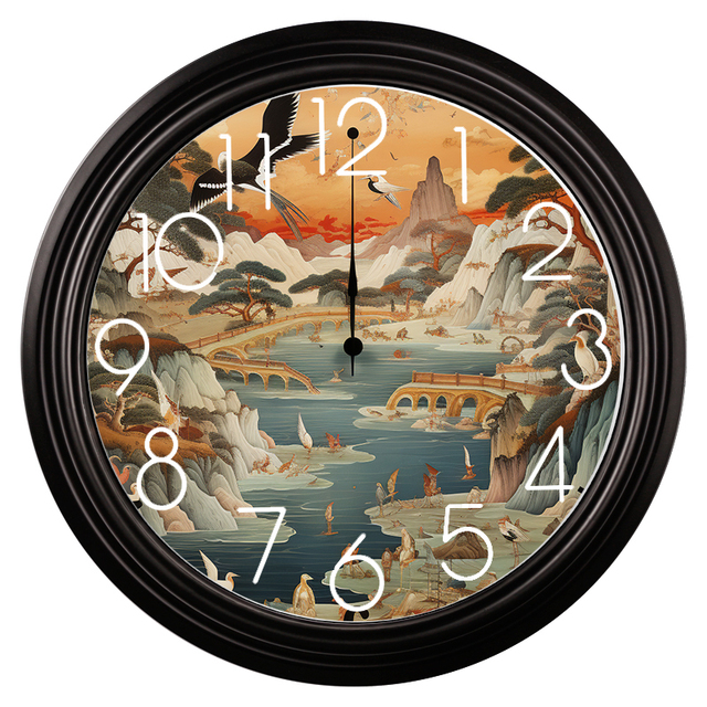 Chinese Landscape Wall Clock Black Distressed Rim Artistic Dial White Arabic Numbers Silent Quartz Movement Ticking for Office