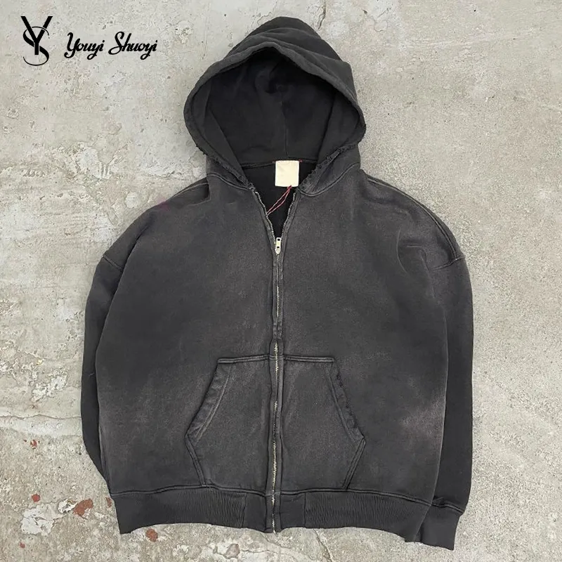 YYSY özel asit yıkama tişörtü pamuk Zip Up boş boy Unisex Vintage taş yıkanmış sıkıntılı Hoodies erkekler için