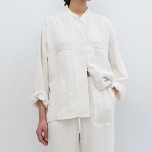 Vendita diretta in fabbrica camicia <span class=keywords><strong>Oversize</strong></span> da donna in misto lino e pantaloni larghi a vita alta set di due pezzi 100% abito di lino in cotone - Product Image 1