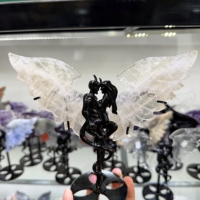 En gros, Ornement en cristal naturel mélangé, Ailes d'ange et de démon pour couple, Statue d'ailes en pierre brute, Support de présentation en métal noir