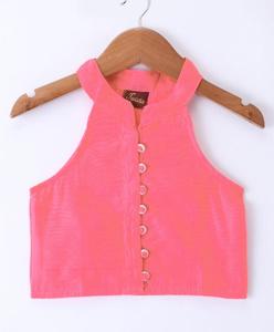 เสื้อทวิชาแบบทอผ้าชานเดรีแขนกุดสีพื้น พร้อมเลเฮนกา-สีคอรัลและสีเขียวทะเล - Product Image 2