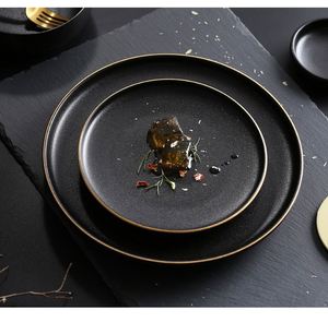 8 Inch 10 Inch Reactive Matte Black Glaze Dish Set Dessert Salad Appetizer <b>Ceramic</b> Dinner <b>Plate</b> with Gold Rim - Product Image 1
