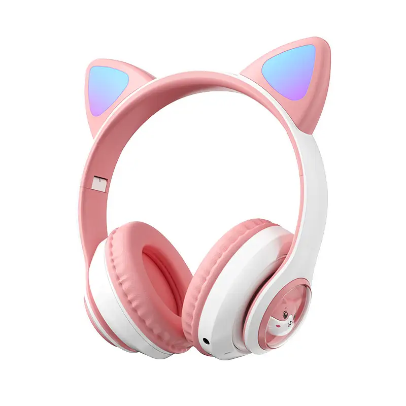 Headset Gaming, earphone telinga kucing lipat dengan mikrofon gigi biru, Headphone atas telinga