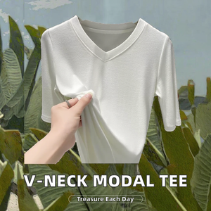 Camiseta de Verano para Mujer, de Poliéster/Algodón, Tejido Sólido Antipilling, con Cuello en V y Manga Mariposa, Estilo Casual para Otoño, en Liquidación - Product Image 2